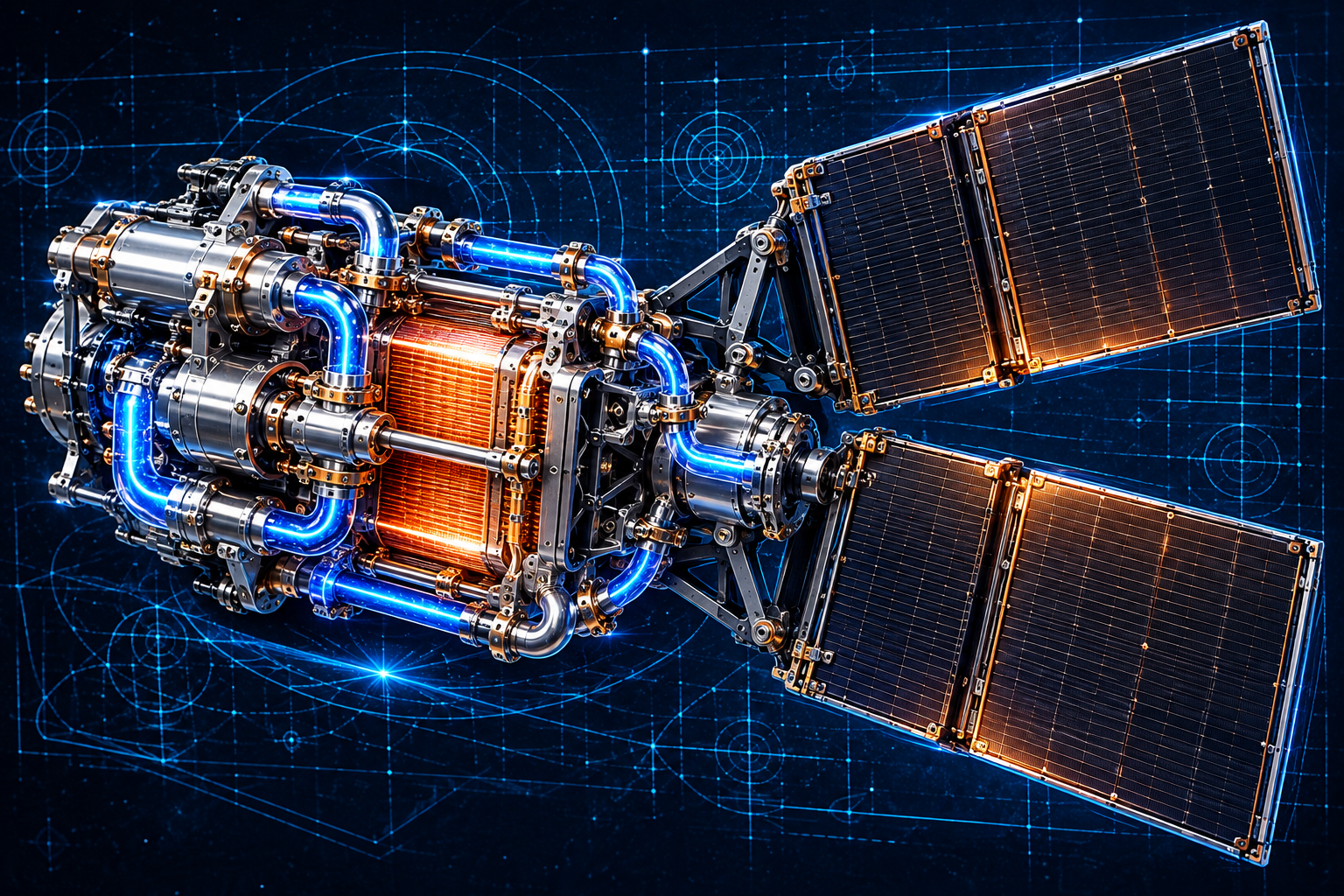 Concept illustration of a spacecraft coolant manifold, heat exchanger and radiator system